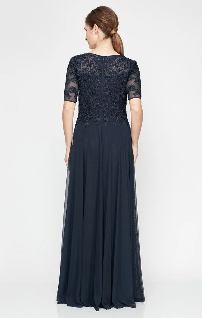 *Short Sleeve V-Neck Gown with Embroidered Lace Bodice and Mesh Skirt sold by Alex Evenings product image thumbnail 4