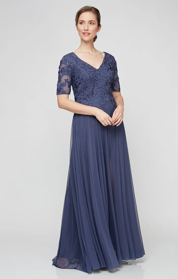 *Short Sleeve V-Neck Gown with Embroidered Lace Bodice and Mesh Skirt sold by Alex Evenings