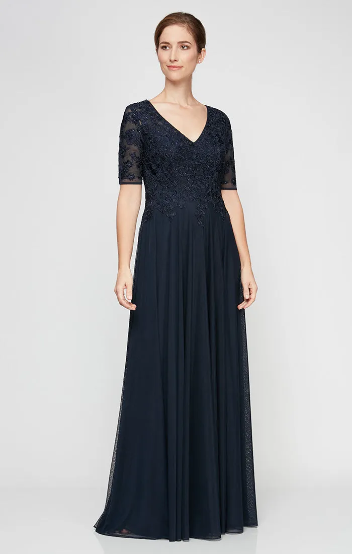 *Short Sleeve V-Neck Gown with Embroidered Lace Bodice and Mesh Skirt sold by Alex Evenings product image thumbnail 3
