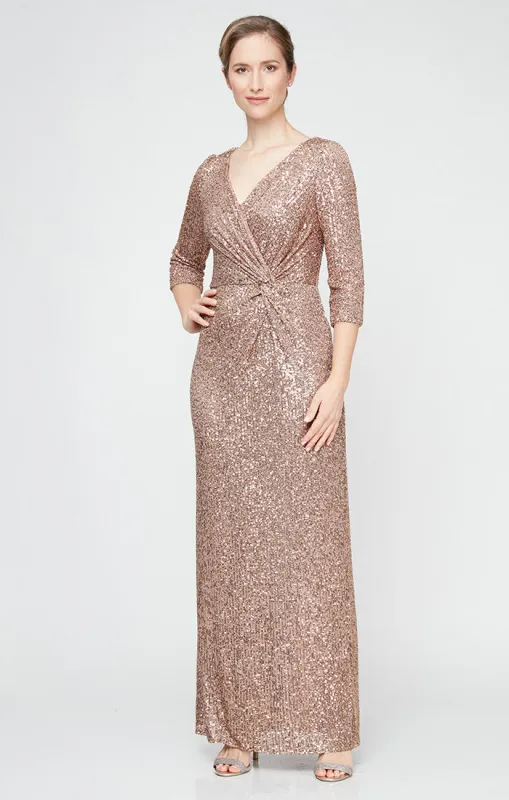 *Column Sequin Gown with Surplice Neckline and Knot Waist Detail sold by Alex Evenings