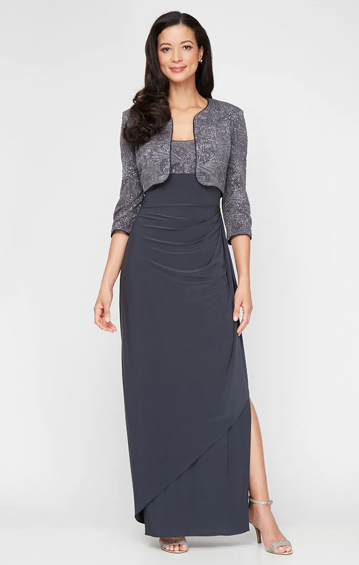Glitter Jacquard Knit & Matte Jersey Gown with Bolero Jacket sold by Alex Evenings