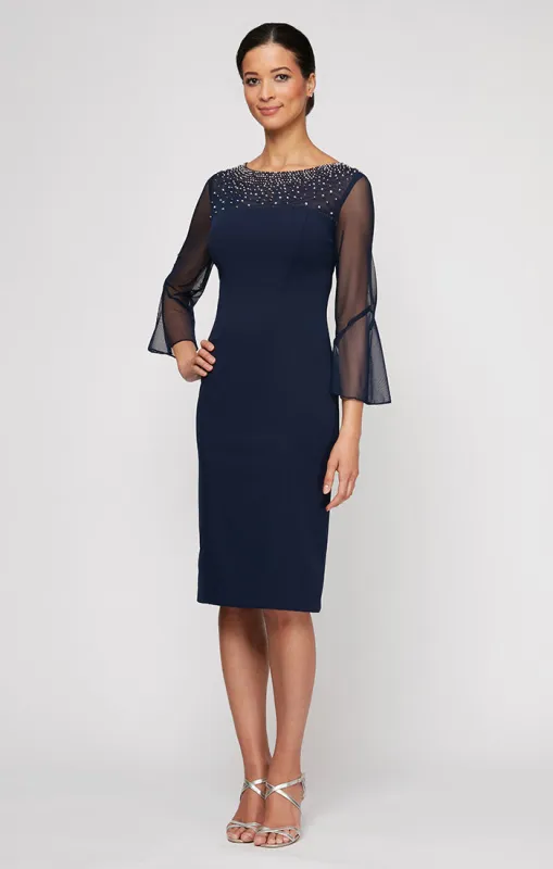 Sheath Crepe Dress with Embellished  Illusion Mesh Neckline and Bell Sleeves sold by Alex Evenings