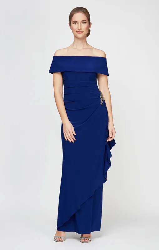Long Off-the-Shoulder Matte Jersey Dress with Foldover Cuff, Embellishment Detail at Hip and Cascade Ruffle Skirt sold by Alex Evenings