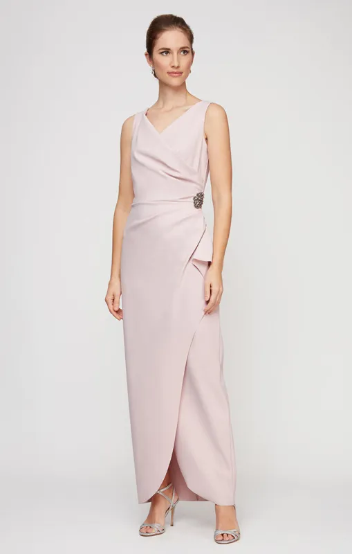 Petite Long Sleeveless Compression Sheath Gown with Surplice Neckline, Cascade Detail Skirt and Beaded Detail at Hip sold by Alex Evenings