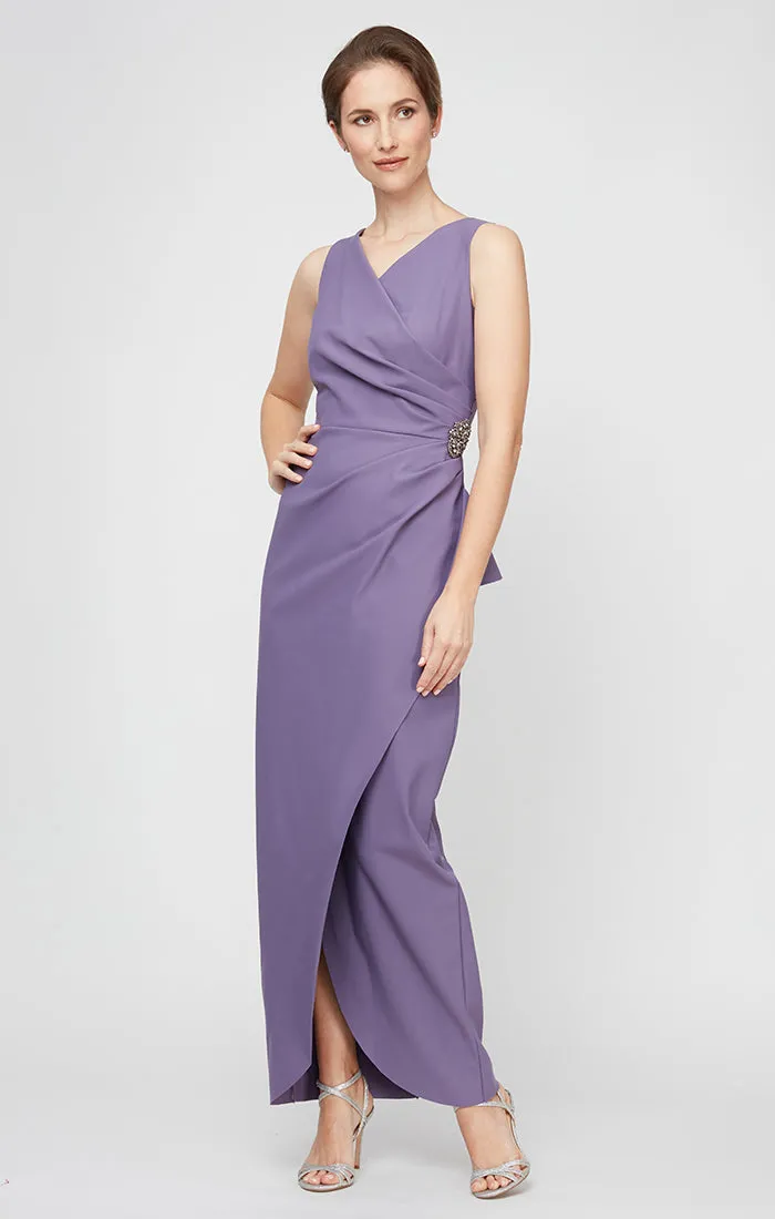 Petite Long Sleeveless Compression Sheath Gown with Surplice Neckline, Cascade Detail Skirt and Beaded Detail at Hip sold by Alex Evenings product image thumbnail 3