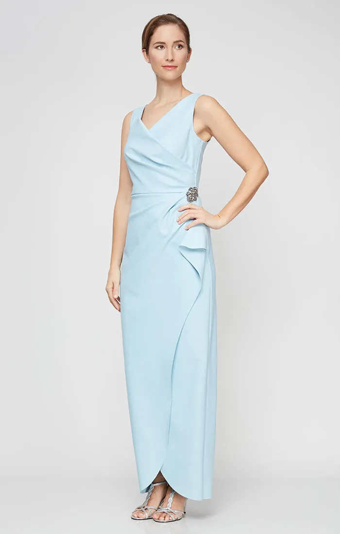 Petite Long Sleeveless Compression Sheath Gown with Surplice Neckline, Cascade Detail Skirt and Beaded Detail at Hip sold by Alex Evenings product image thumbnail 5