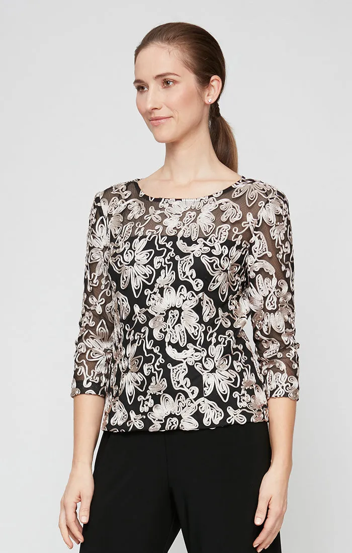 3/4 Sleeve Stretch Tulle Blouse with Embroidered Detail and Illusion Neckline sold by Alex Evenings