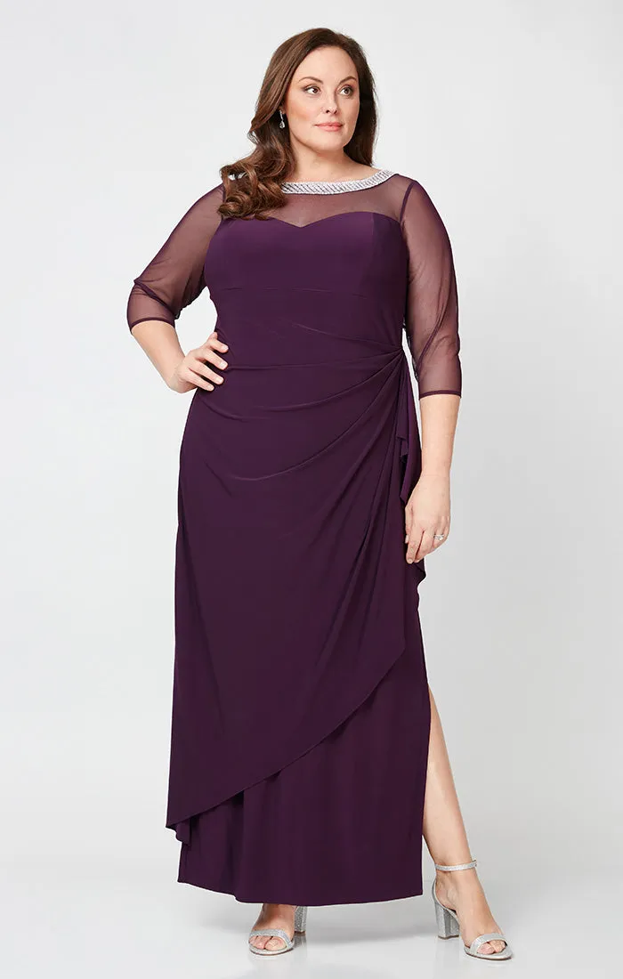 Plus Long Matte Jersey Illusion 3/4 Sleeve Side Ruched Dress with Embellished Neckline sold by Alex Evenings product image thumbnail 3