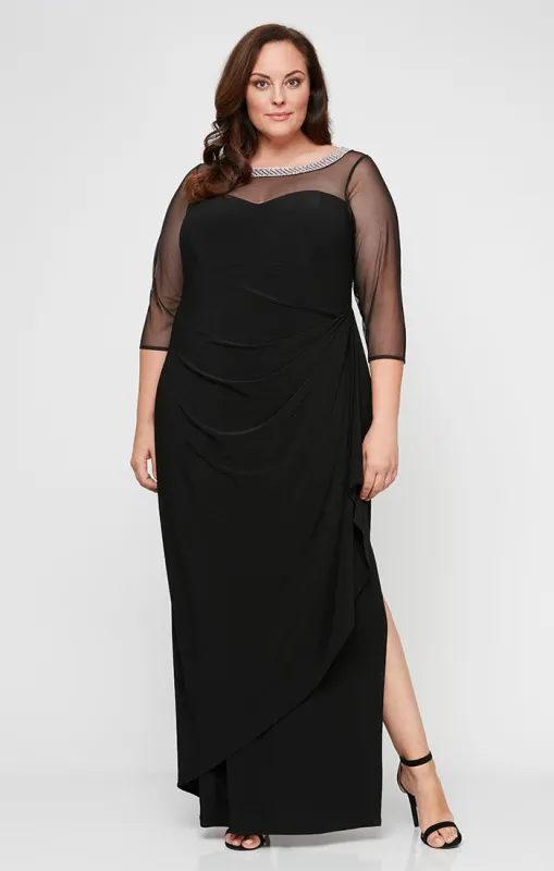 Plus Long Matte Jersey Illusion 3/4 Sleeve Side Ruched Dress with Embellished Neckline sold by Alex Evenings