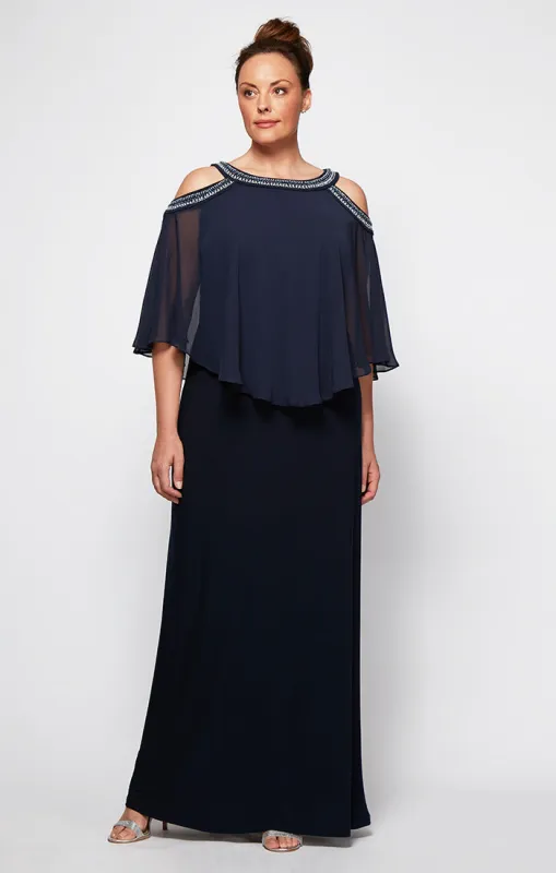 Plus Cold Shoulder Popover Jersey & Chiffon Gown with Beaded Neckline sold by Alex Evenings