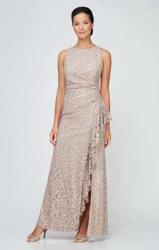 Petite Long Sleeveless Lace Dress with Cascade Ruffle Front Slit Detail sold by Alex Evenings