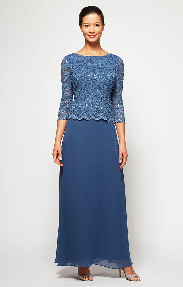 Petite Lace & Chiffon Gown with Scallop Edge Detail sold by Alex Evenings