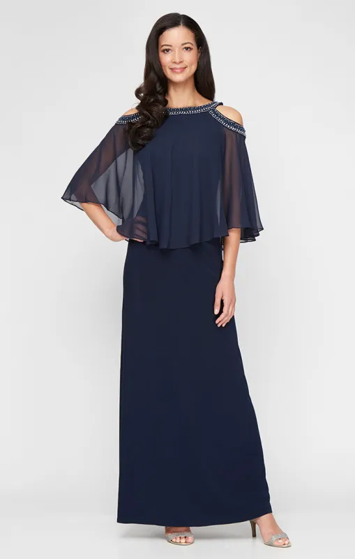 Cold Shoulder Popover Jersey & Chiffon Gown with Beaded Neckline sold by Alex Evenings