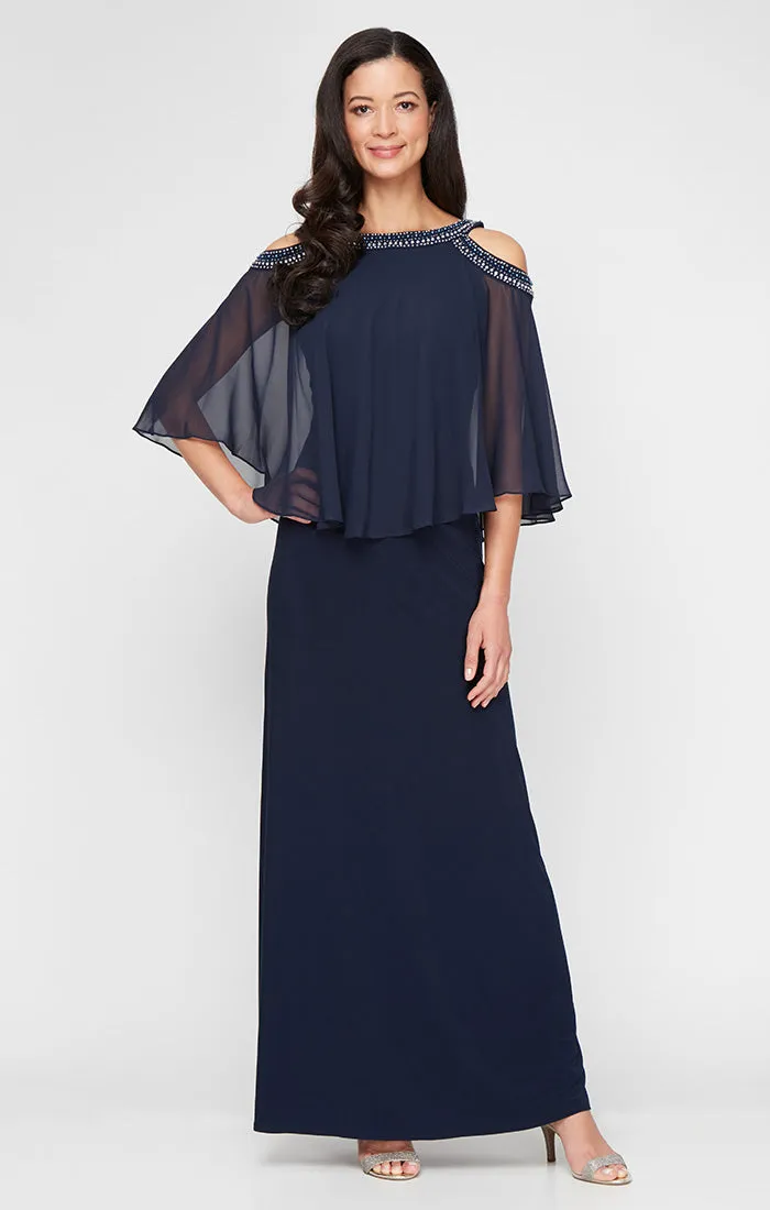 Cold Shoulder Popover Jersey & Chiffon Gown with Beaded Neckline sold by Alex Evenings