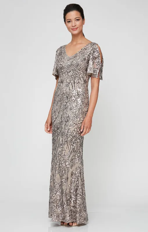 V-Neck Sequin Dress with Cold Shoulder Flutter Sleeve sold by Alex Evenings