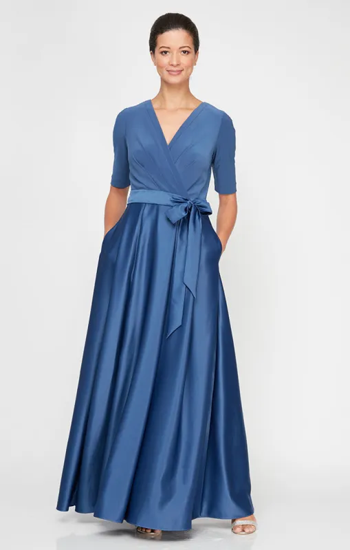 Surplice Neckline Ballgown with Full Satin Skirt & Jersey Bodice sold by Alex Evenings