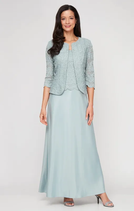 Glitter Lace & Satin Jacket Dress with Open Jacket sold by Alex Evenings