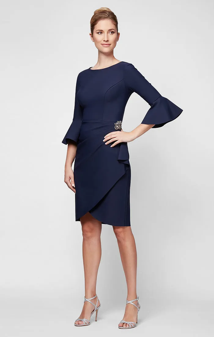 Sheath Compression Cocktail Dress with Bell Sleeves, Embellished Hip & Cascade Ruffle Detail sold by Alex Evenings product image thumbnail 3