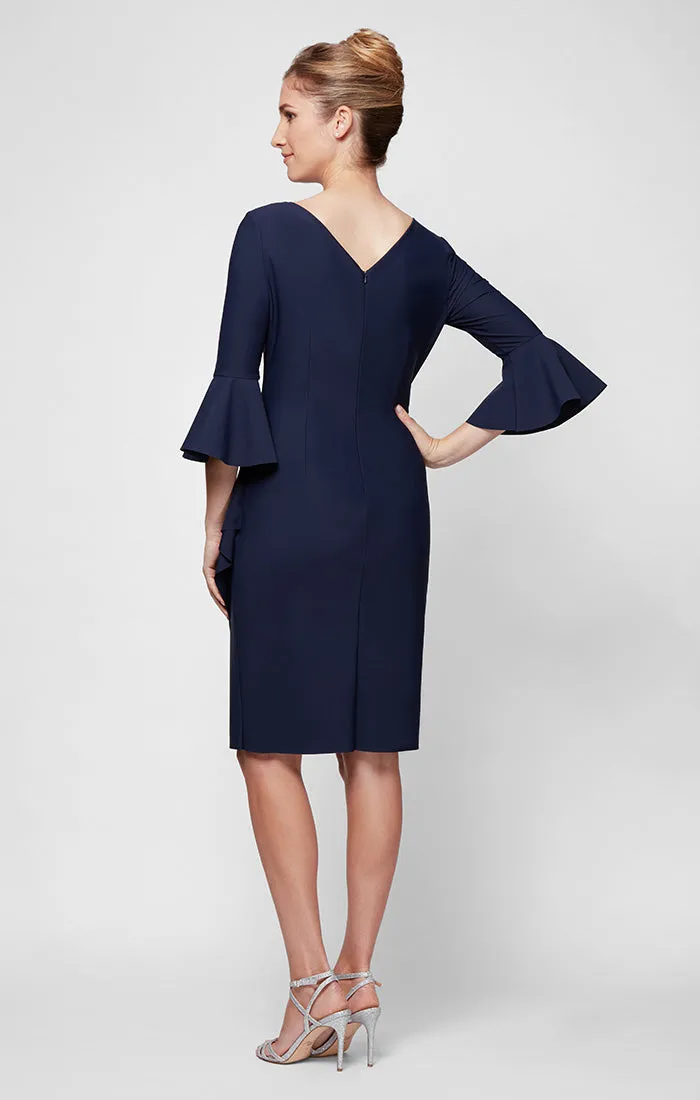 Sheath Compression Cocktail Dress with Bell Sleeves, Embellished Hip & Cascade Ruffle Detail sold by Alex Evenings product image thumbnail 4