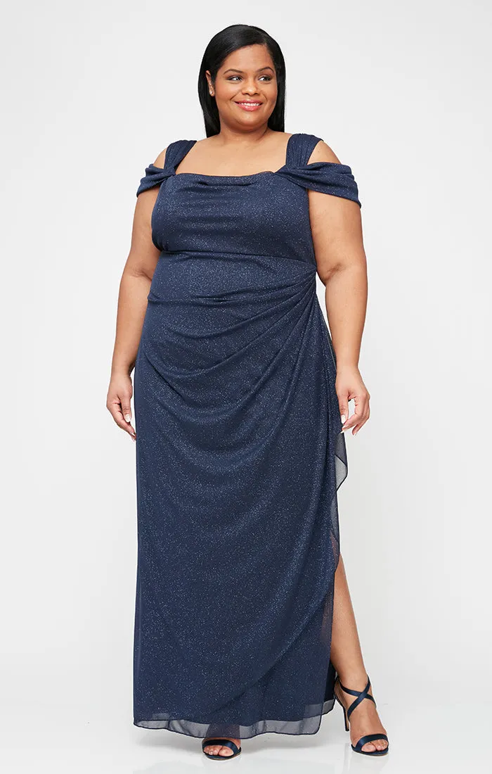 Plus Cold Shoulder Glitter Mesh Dress with Draped Skirt & Cowl Neckline sold by Alex Evenings product image thumbnail 5