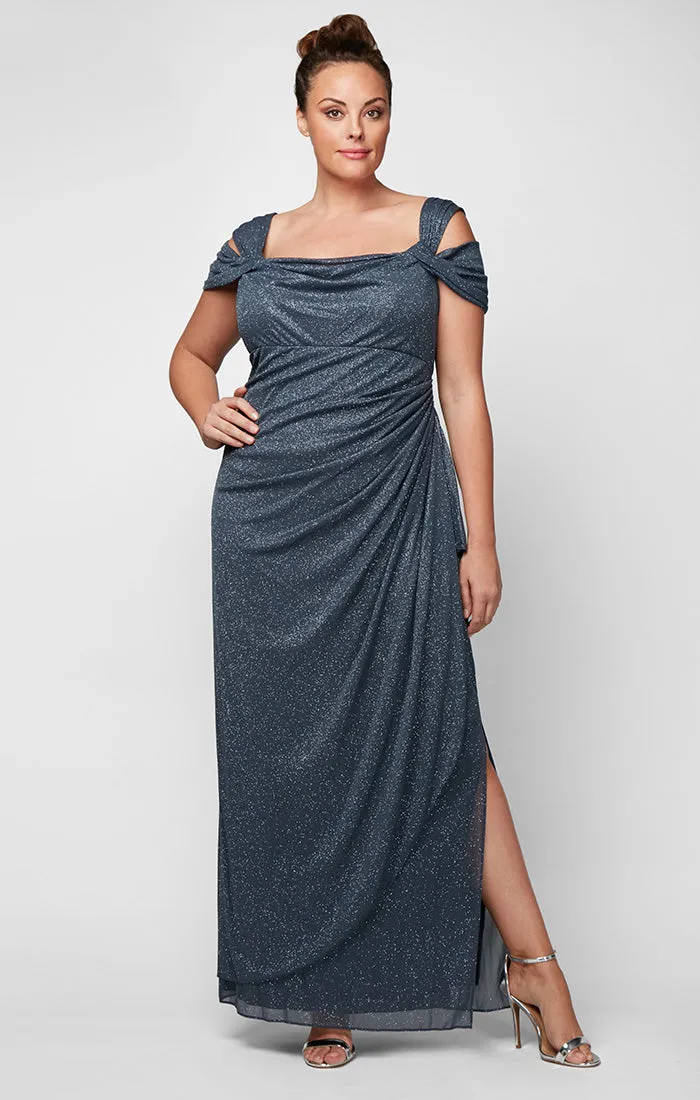 Plus Cold Shoulder Glitter Mesh Dress with Draped Skirt & Cowl Neckline sold by Alex Evenings