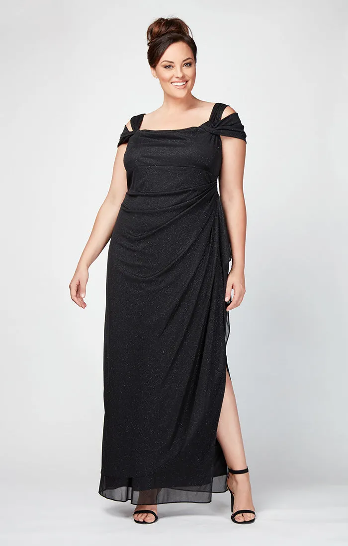 Plus Cold Shoulder Glitter Mesh Dress with Draped Skirt & Cowl Neckline sold by Alex Evenings product image thumbnail 3