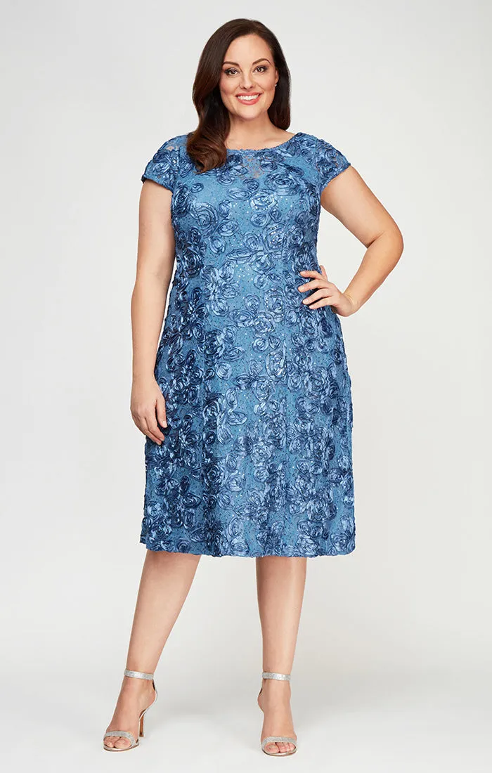 Plus Cocktail Dress in Rosette Lace with Cap Sleeves sold by Alex Evenings