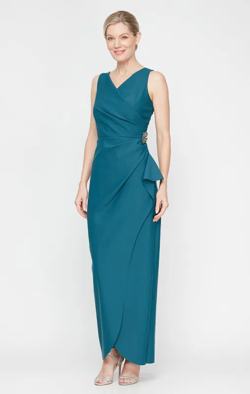Sleeveless Compression Sheath Gown with Cascade Detail Skirt and Beaded Hip Detail sold by Alex Evenings