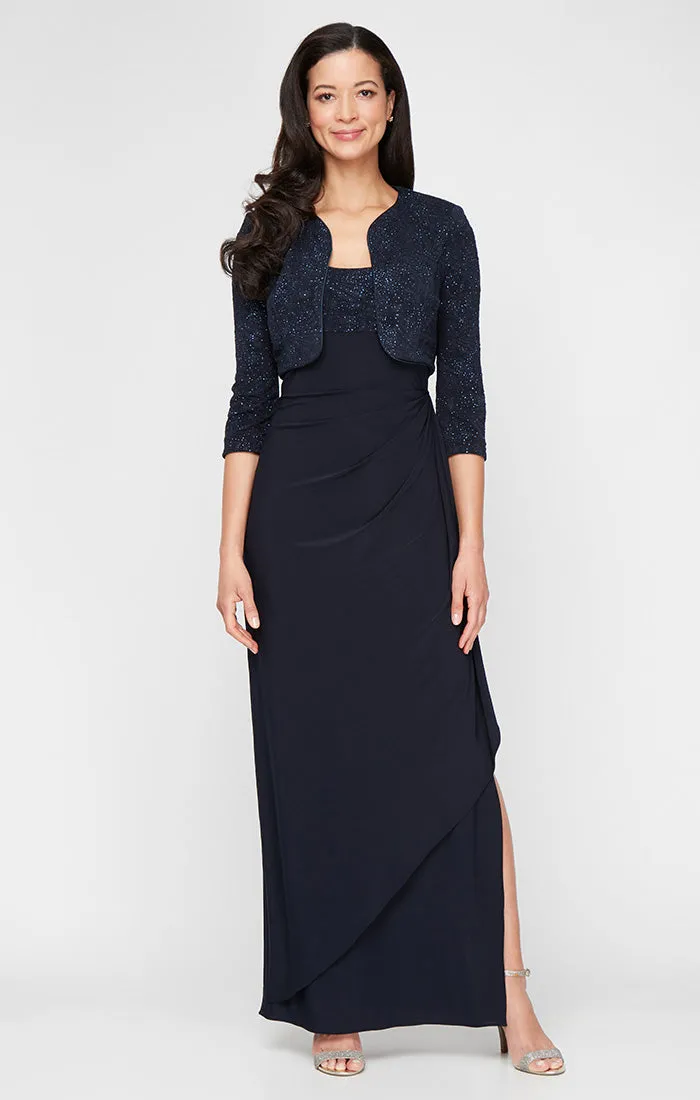 Glitter Jacquard Knit & Matte Jersey Gown with Bolero Jacket sold by Alex Evenings