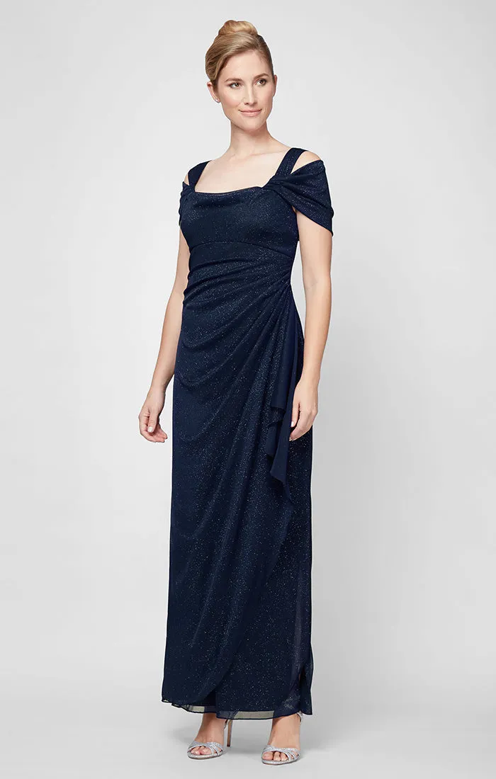 Cold Shoulder Glitter Mesh Dress with Draped Skirt & Cowl Neckline sold by Alex Evenings product image thumbnail 5