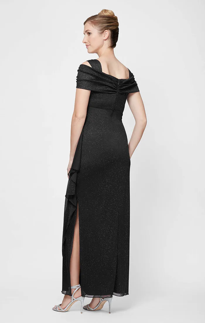 Cold Shoulder Glitter Mesh Dress with Draped Skirt & Cowl Neckline sold by Alex Evenings product image thumbnail 4