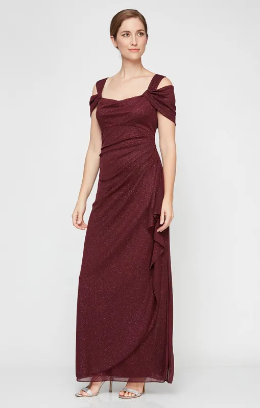 Cold Shoulder Glitter Mesh Dress with Draped Skirt & Cowl Neckline sold by Alex Evenings