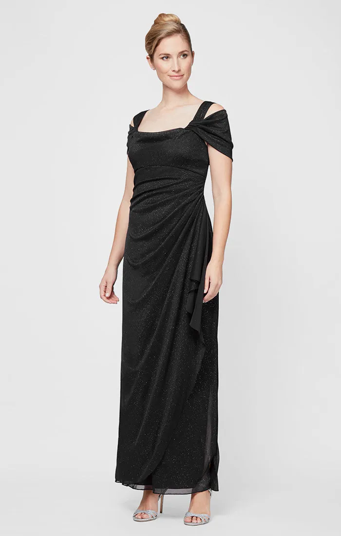 Cold Shoulder Glitter Mesh Dress with Draped Skirt & Cowl Neckline sold by Alex Evenings product image thumbnail 3