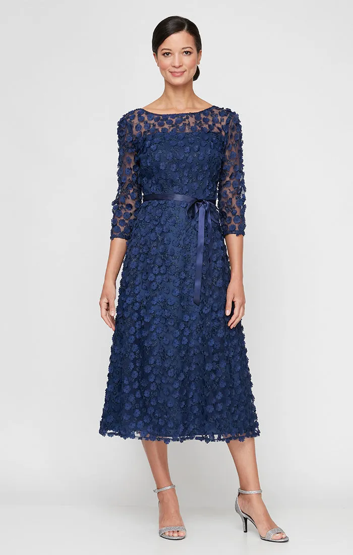 Regular - 3-D Flower Party Dress with Illusion Neckline and Sleeves sold by Alex Evenings