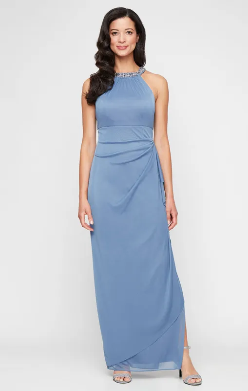 Regular - Sleeveless Dress with Beaded Halter Style Neckline and Cascade Ruffle Detail Skirt sold by Alex Evenings