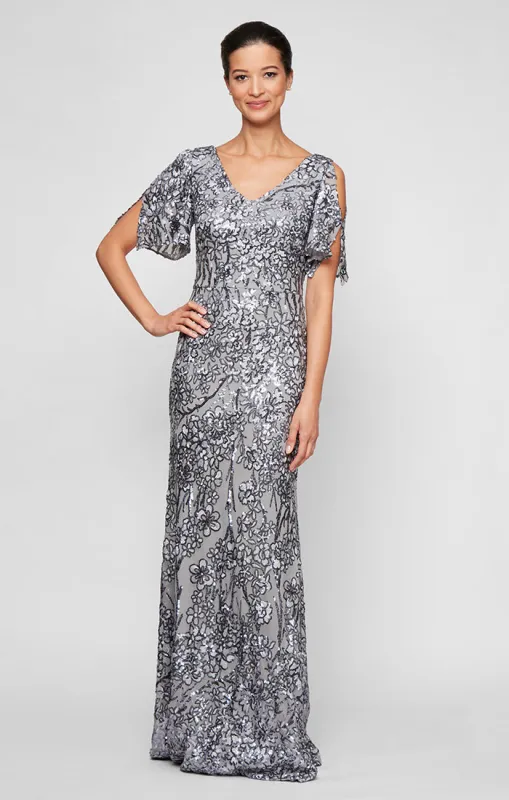 Petite V-Neck A-Line Sequin Dress with Cold Shoulder Flutter Sleeve sold by Alex Evenings