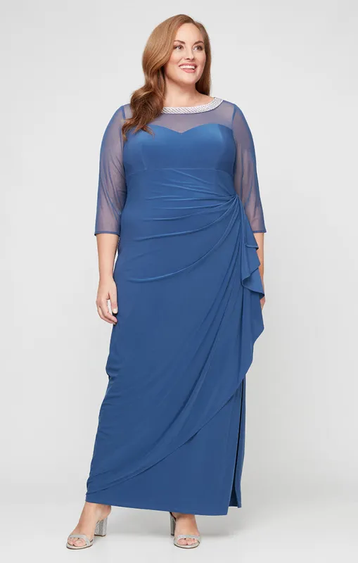 Plus Matte Jersey Illusion 3/4 Sleeve Side Ruched Dress with Embellished Neckline sold by Alex Evenings
