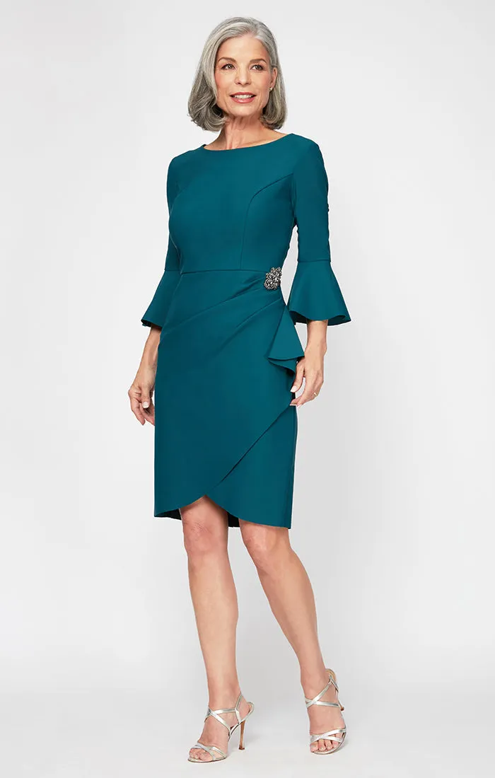Regular - Compression Cocktail Dress with Bell Sleeves & Embellished Hip sold by Alex Evenings