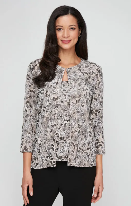 Plus 3/4 Sleeve Printed Glitter Slinky Twinset with Scoop Neck Tank and Hook Neck Closure Jacket sold by Alex Evenings