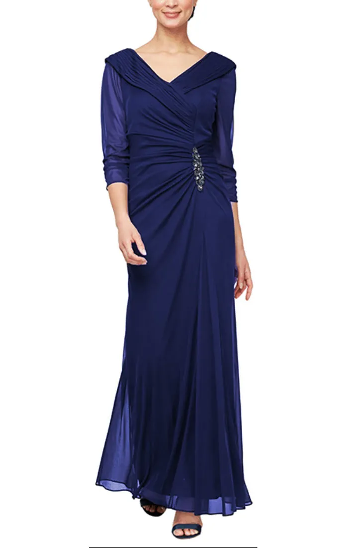 Plus Long Portrait Collar Dress with Embellished Detail at Hip and Ruched Skirt Detail sold by Alex Evenings