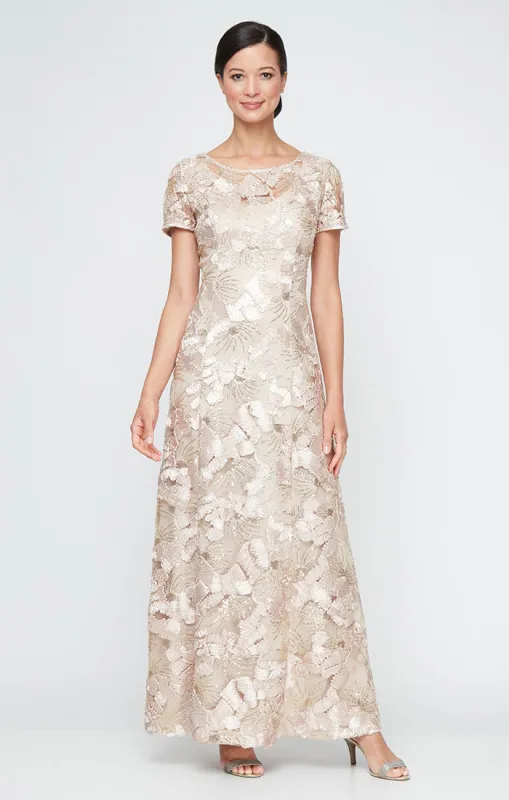 Plus - Soutache A-Line Dress with Short Sleeves and Illusion Neckline sold by Alex Evenings