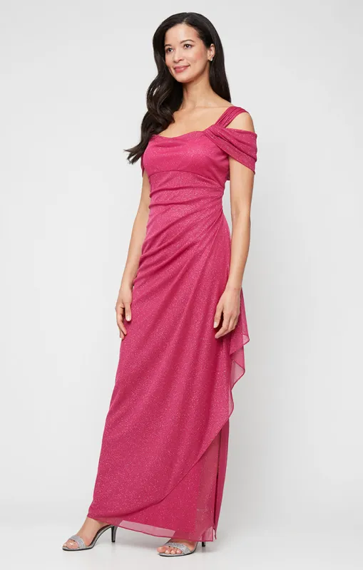 Plus Cold Shoulder Glitter Mesh Dress with Draped Skirt & Cowl Neckline sold by Alex Evenings