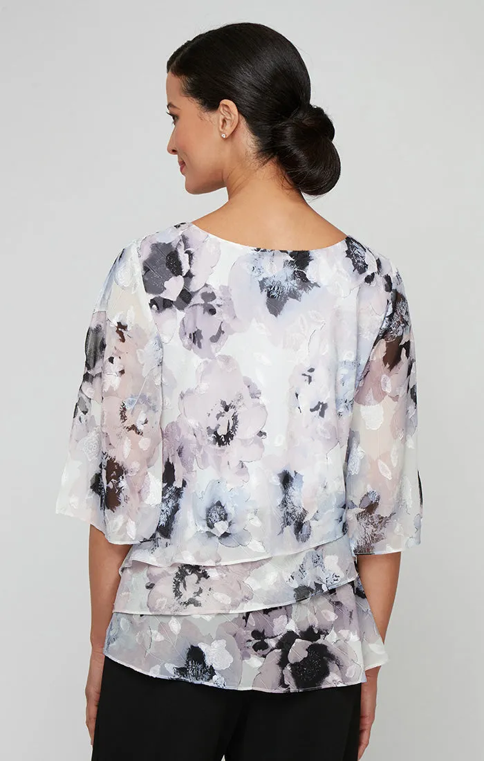 Petite Printed Chiffon Burnout Blouse with Asymmetric Tier Hem Detail and Embellished Cutout Neckline sold by Alex Evenings product image thumbnail 2