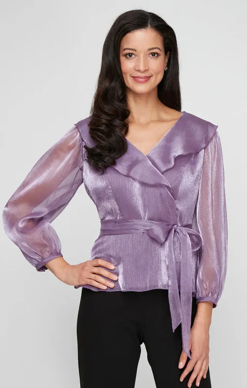 Petite Portrait Collar Shimmer Blouse with Tie Waist and Illusion Sleeves sold by Alex Evenings