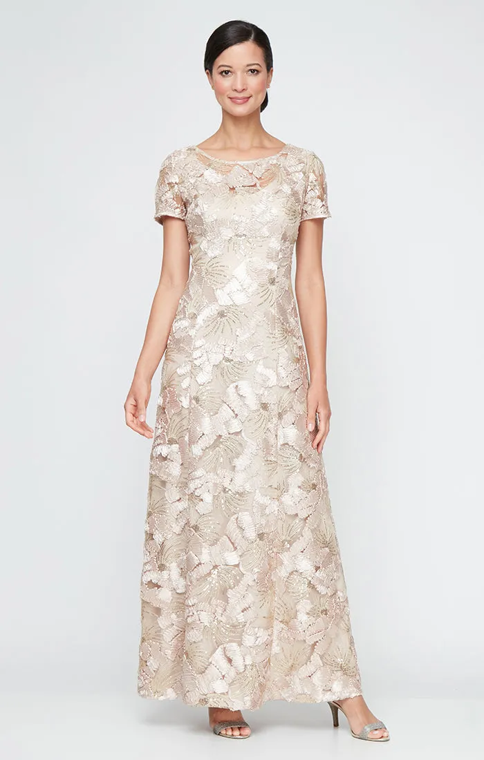 Long Soutache A-Line Dress with Short Sleeves and Illusion Neckline sold by Alex Evenings