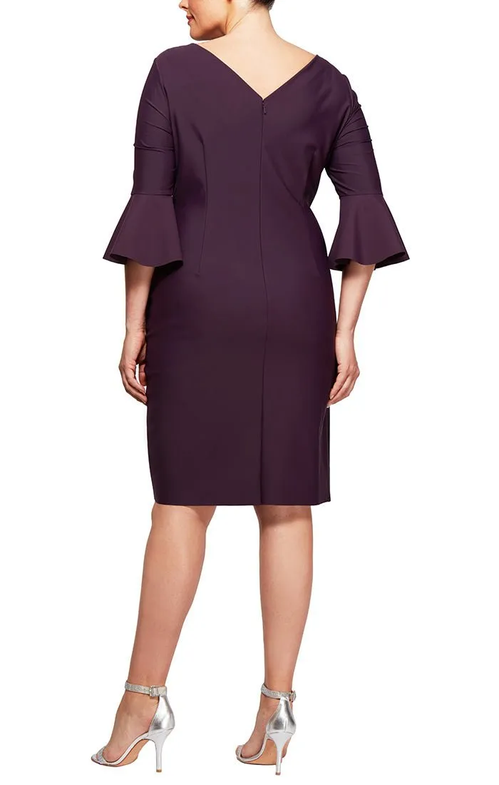 Plus - Sheath Compression Cocktail Dress with Bell Sleeves, Embellished Hip & Cascade Ruffle Detail sold by Alex Evenings product image thumbnail 4