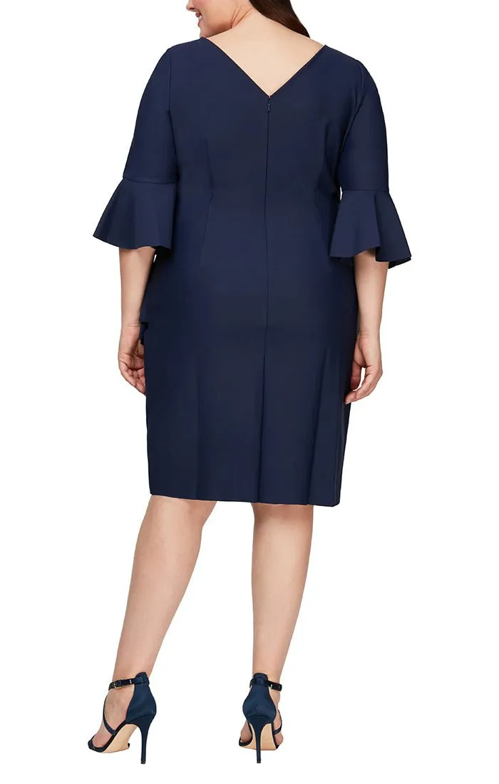 Plus - Sheath Compression Cocktail Dress with Bell Sleeves, Embellished Hip & Cascade Ruffle Detail sold by Alex Evenings product image thumbnail 2