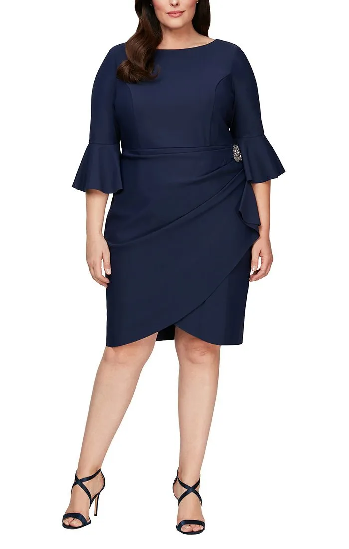 Plus - Sheath Compression Cocktail Dress with Bell Sleeves, Embellished Hip & Cascade Ruffle Detail sold by Alex Evenings