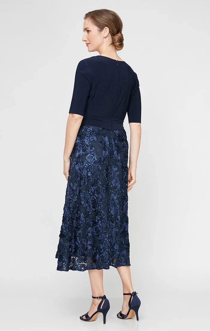 Regular - Tea-Length Lace & Jersey Cocktail Dress with Full Rosette Lace Skirt and Tie Belt sold by Alex Evenings product image thumbnail 2