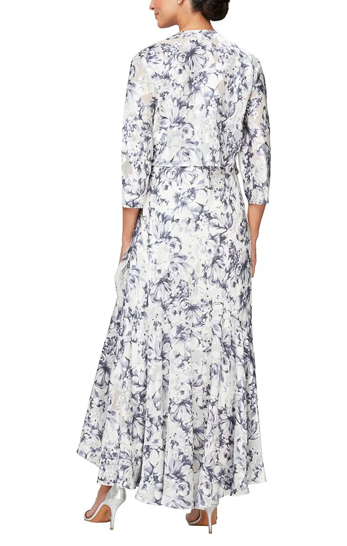 Tea-Length Floral Printed Chiffon Jacket Dress with High/Low Tulip Hem Skirt sold by Alex Evenings product image thumbnail 2